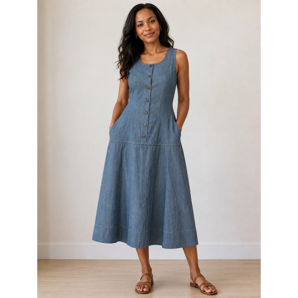Cinq a Sept Tous Les Jours Denim Dress 14 Fit Flare Button Midi EUC *no belt